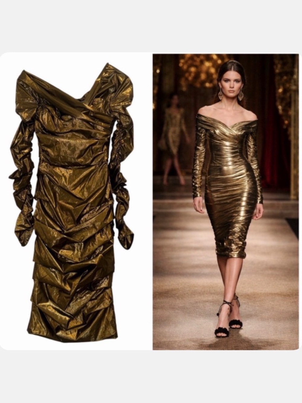 Dolce & Gabbana Gold Midi Dress Metallic Off Shoulder Ruched 2 Cocktail NWT 🟡